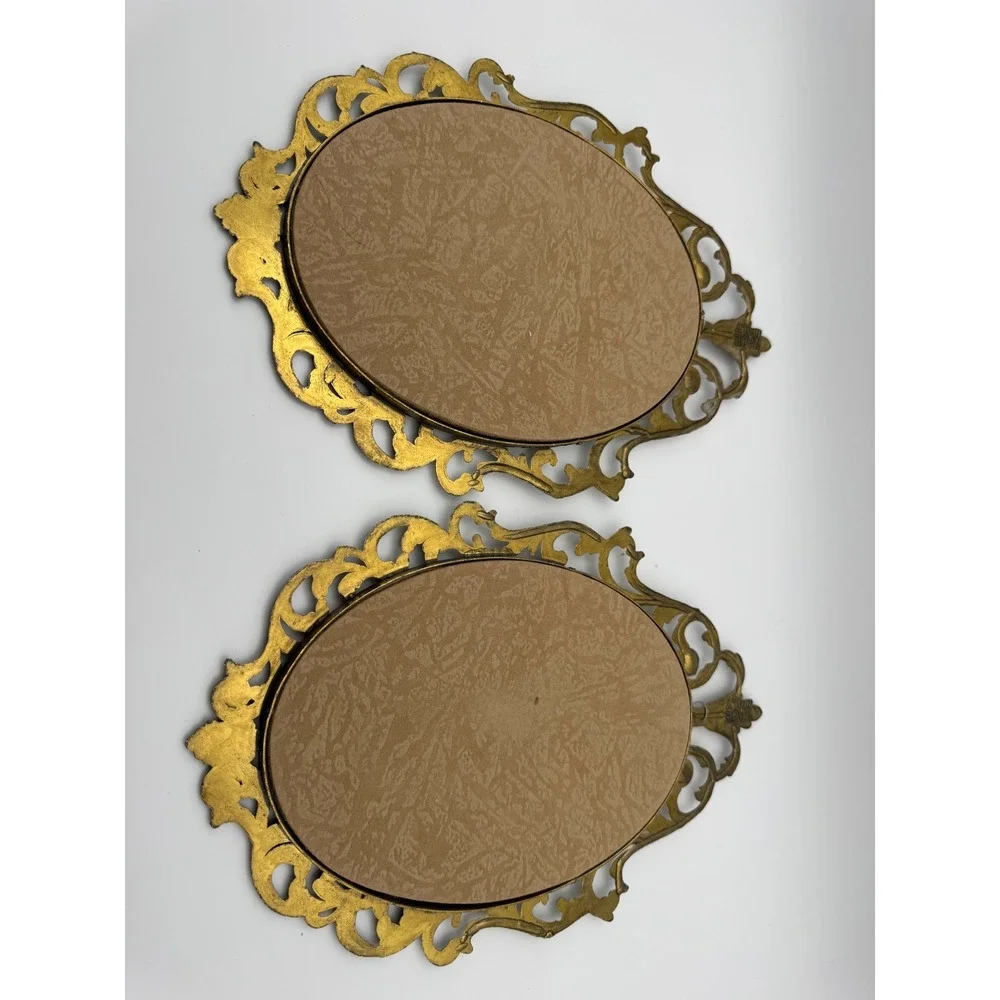 Vintage Italy Brass Ornate Floral Print Oval Frames Convex Glass Set of 2